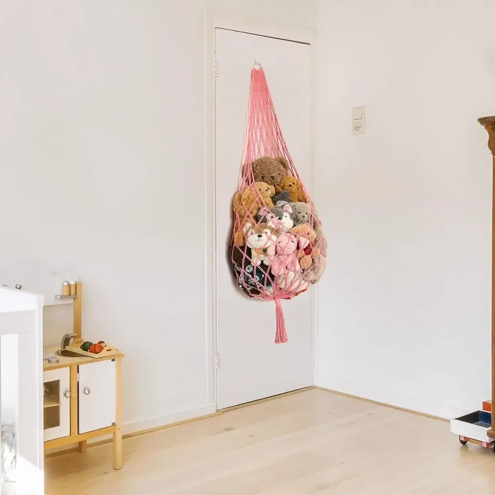 Stuffed Animal Hammock Corner Net Pink XXL Macrame Plush Toy Storage Wall Holder